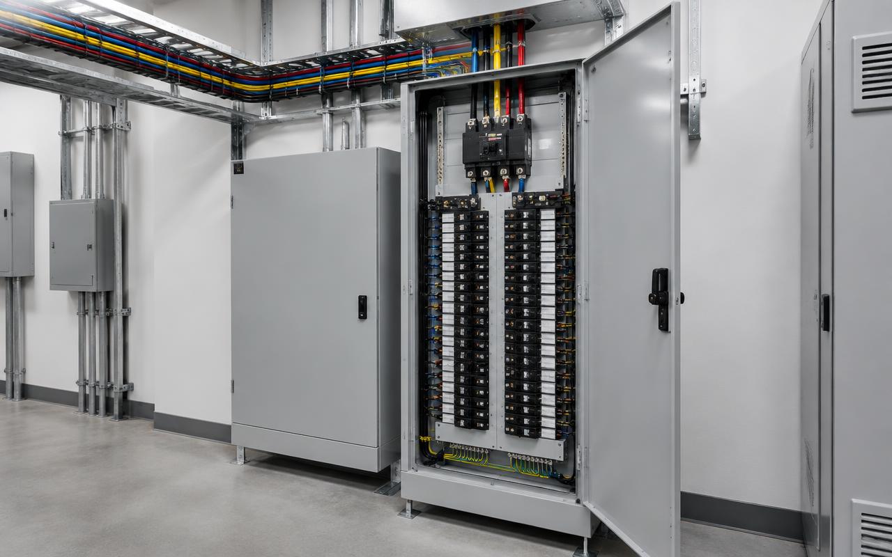 Commercial three-phase panelboard in a building electrical room
