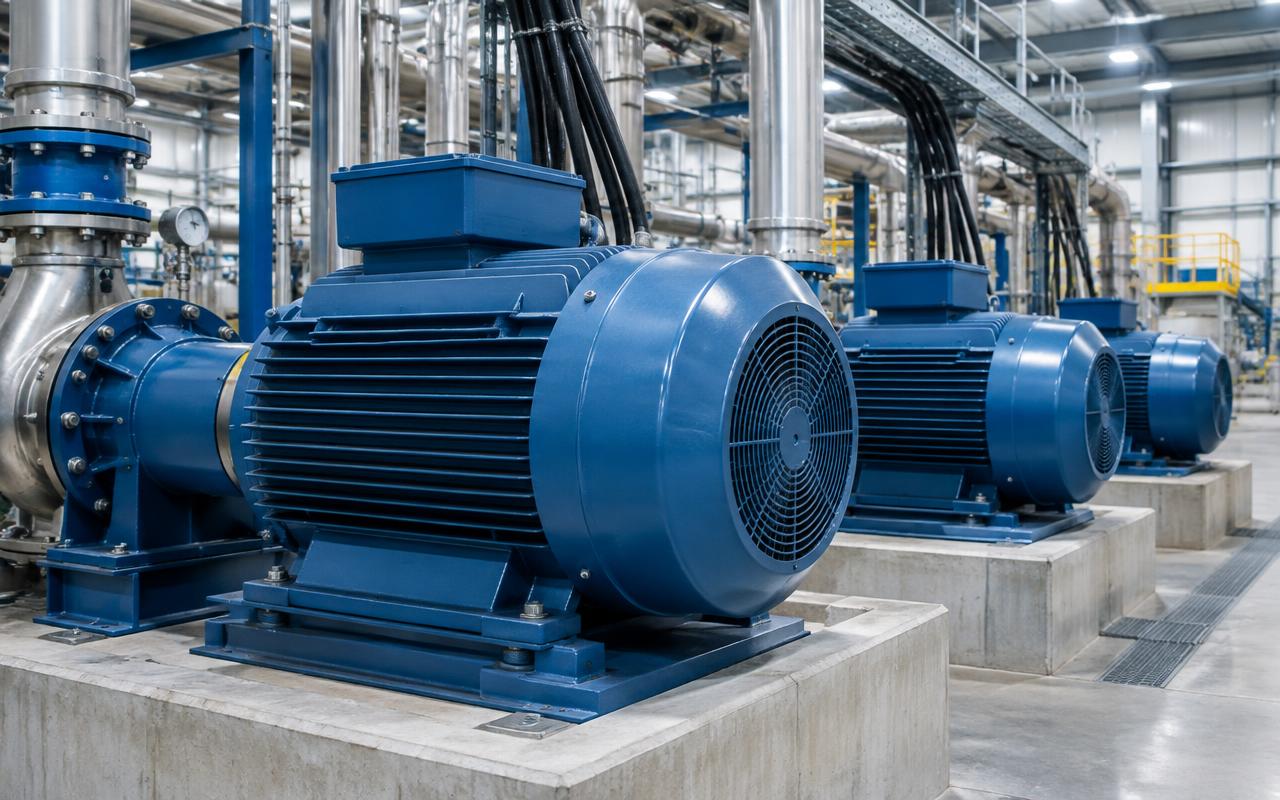 Three-phase motors driving pumps in an industrial plant